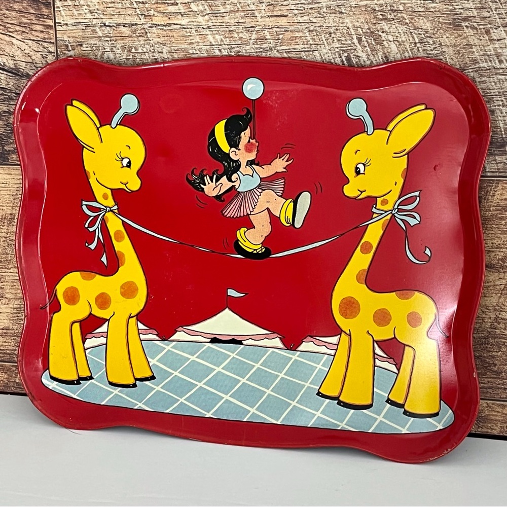 Vintage Red Child’s Snack Tray with Circus Design